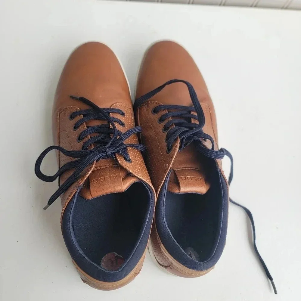 Aldo Flex Men's Size 10 Brown Tan Navy Leather Dress Shoes Rubber Sole Lace Up
